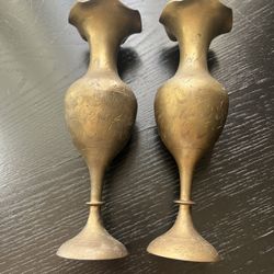 Vintage Home Decor Etched Solid Brass Vase Set Of 2 Made In India