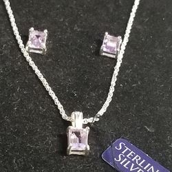 Costume Jewelry FAUX Amethyst Earrings & Necklace on Silver