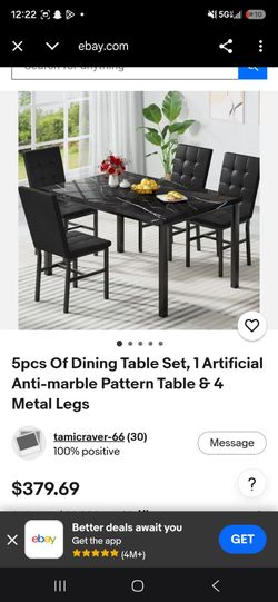 5-Piece B&W Marble top finish Dining Table Set with 4 leather Chairs