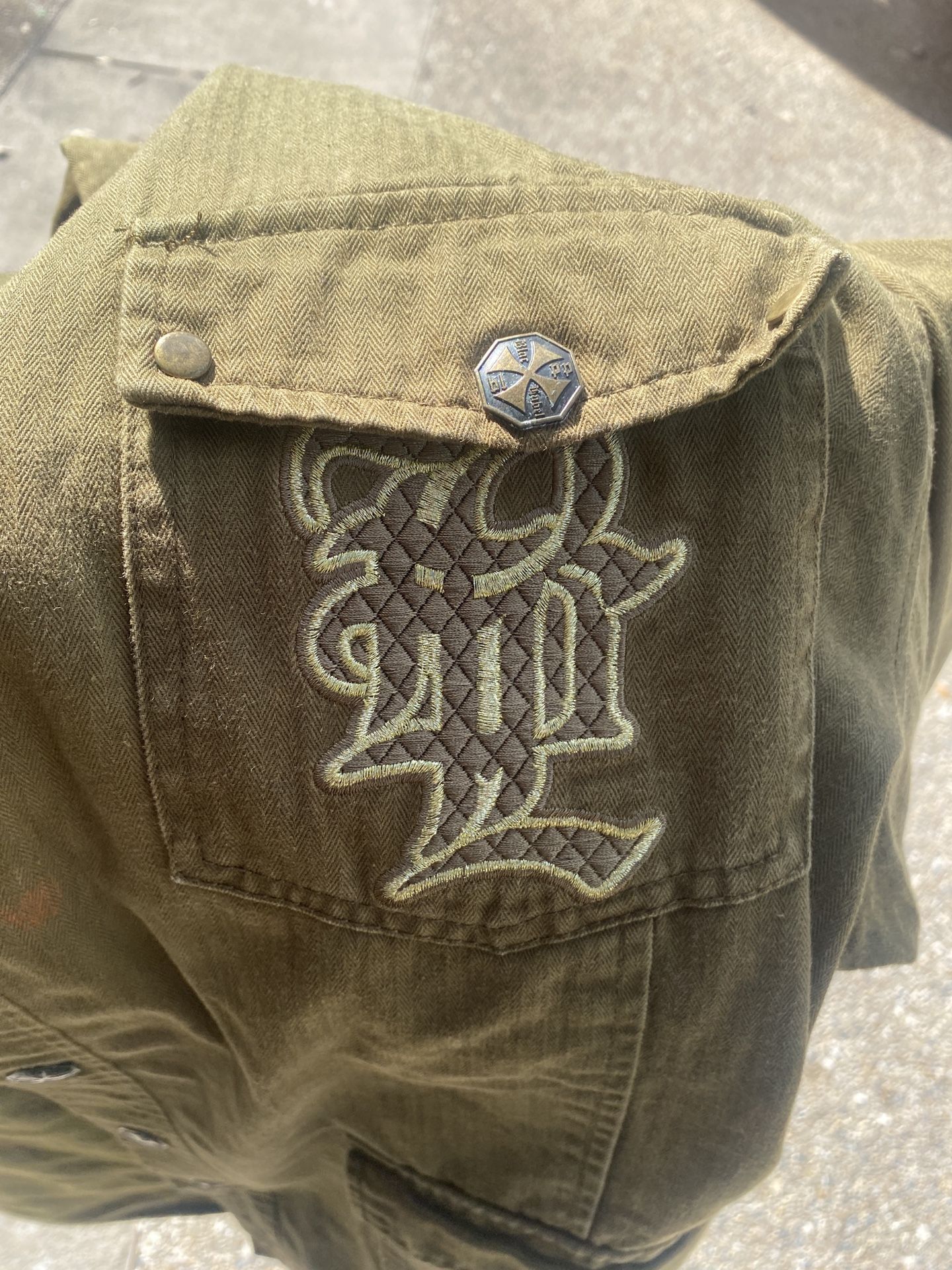 Jacket Military Embroidered Button Up Jacket Size 2X Green Skull Knight