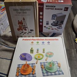 All New Wood Play Kitchen Accessories Coffee Maker Dishes Campfire
