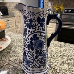 White & Blue Floral Ceramic Pitcher