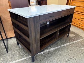 Dark Wood & White Marble Pattern Top Kitchen Island