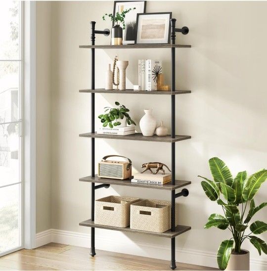 Wall Mounted Bookshelf, 5 Tier Industrial Open Vintage Bookcase