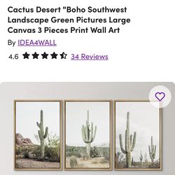 Cactus Desert "Boho Southwest Landscape Green Pictures Large Canvas 3 Pieces Print Wall Art