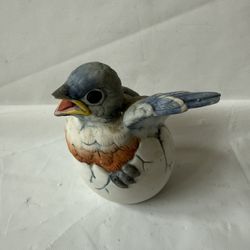Vintage Andrea by Sadek 1990 Porcelain Baby Bluebird Figurine Hatching From an Egg