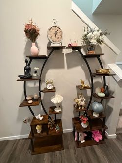 Two Oval Metal and Wood Display Shelf Units
