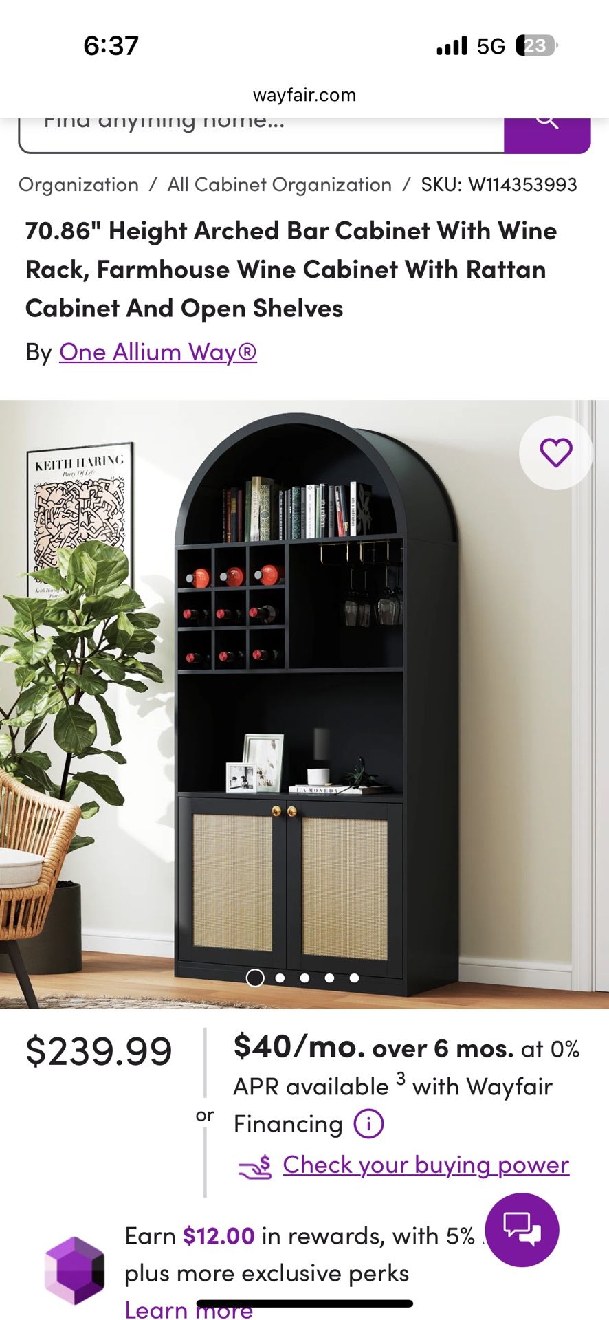 Arched Bar Cabinet with Wine Rack (New in Box) - Black