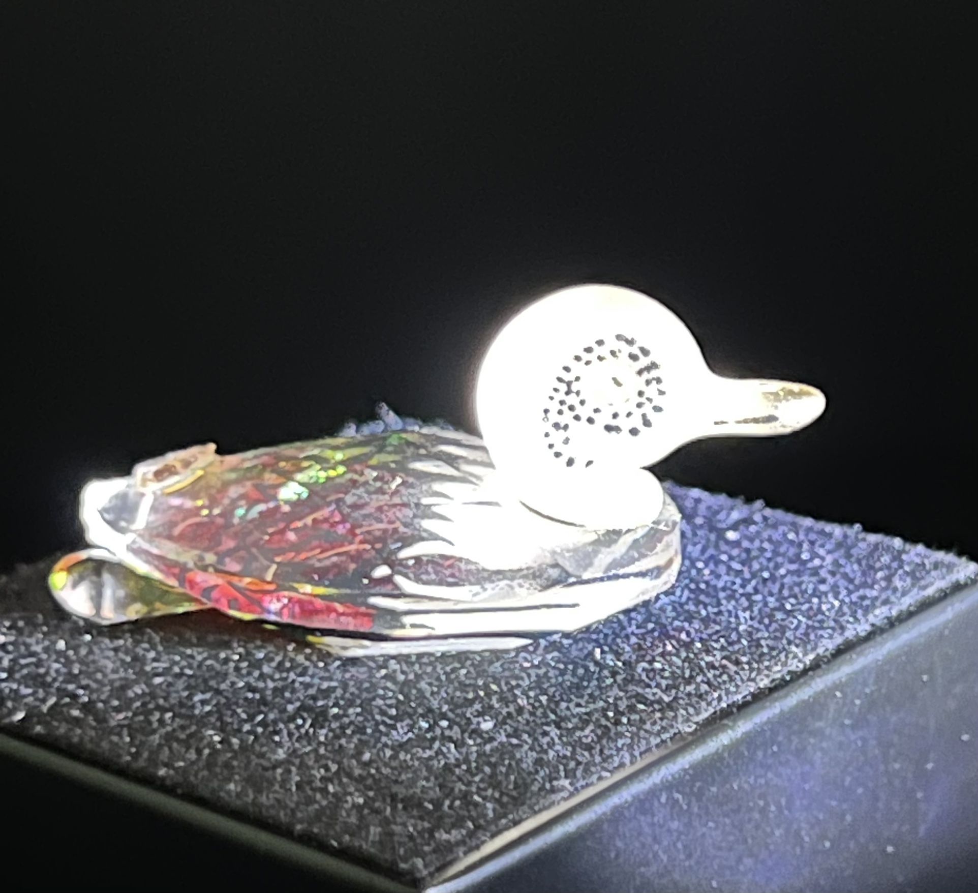 Vintage 1980s Handmade Dichroic Glass Mallard Duck Figurine, 2x1”, DAMAGED