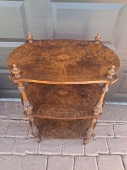 Antique 3 Tier Burled Wood Walnut Marquetry Inlaid Étagère Shelves.