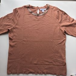 Liz Claiborne Terracotta Beaded Neckline 3/4 Sleeve Sweater Size L