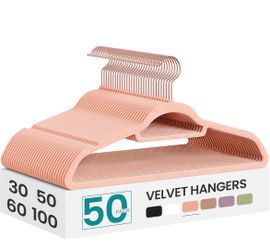SONGMICS Velvet Hangers Non-Slip Space-Saving Hanger w/ Rose Gold Swivel Hook Set of 50 - Pink
