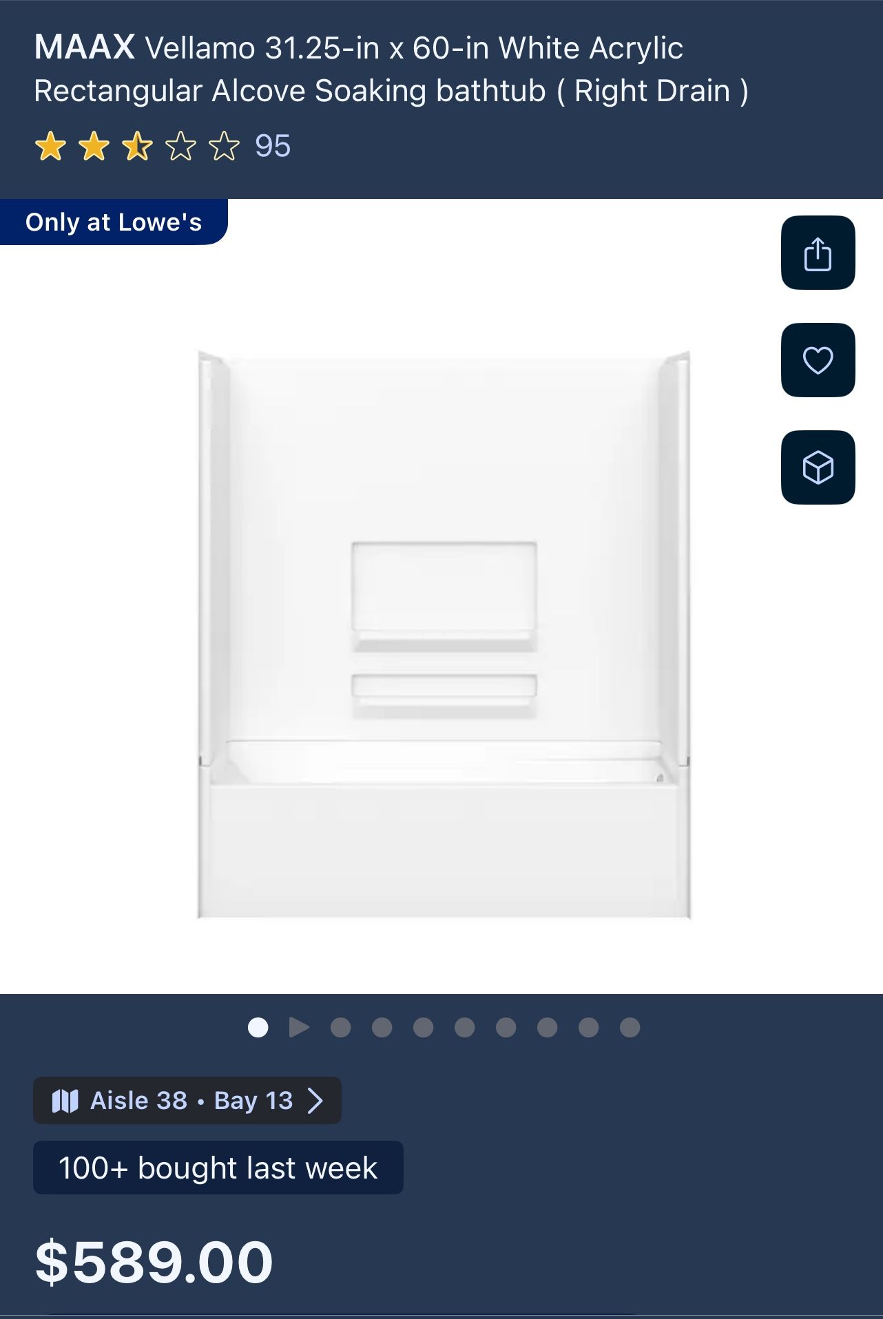 MAAX Vellamo 31.25-in x 60-in White Acrylic Rectangular Alcove Soaking bathtub ( Right Drain)