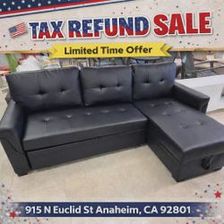 83.5"W Black Vegan Leather Modern Reversible Sleeper Sectional Sofa with Storage Chaise