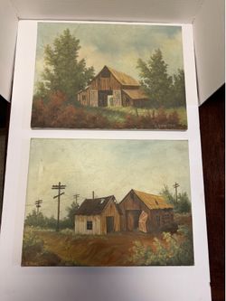 Vintage 1980 Signed Barn Oil Paintings Country Farm Decor Set of 2