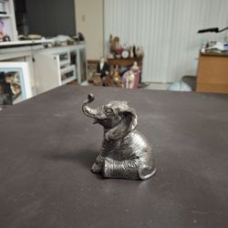 Small Heavy Metal Silver Sitting Elephant With Trunk Up 3.5"H