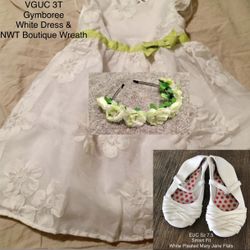 VGUC 3T Gymboree White Dress, NWOT Wreath & EUC Sz 7.5 White Shoes Outfit