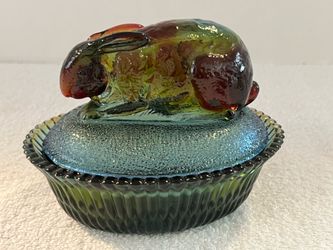 Summit Art Glass Vogelsong Rare Rubina Carnival Rabbit On Nest Covered Dish-Marked-Glows