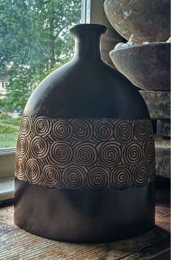 Large Dark Brown Decorative Floor / Table Cermaic Vase - Hand - Etched Swirl Design - 12”