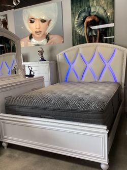 Gorgeous White With Blue LED Lights Queen Bed For Sale.