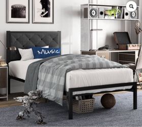 Twin Metal Bed Frame with Upholstered Headboard