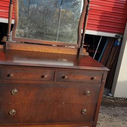 Antique Mahogany Dresser w/ Ornate Tilt Mirror - 1920s