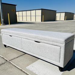 Brand New Light Gray Linen Queen Size Storage Bench 