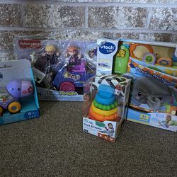 Bundle of Brand New Baby Toys, Infant Toys With Frozen Little People Toy, Ring Stacker, Vtech Book, Hippo Car, Unopened 4 Toys