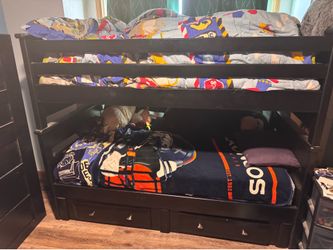 Black twin bunk bed with dresser stairs