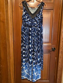 Elementz Petite Blue White Geometric Sleeveless Maxi Dress Beaded V-Neck PL