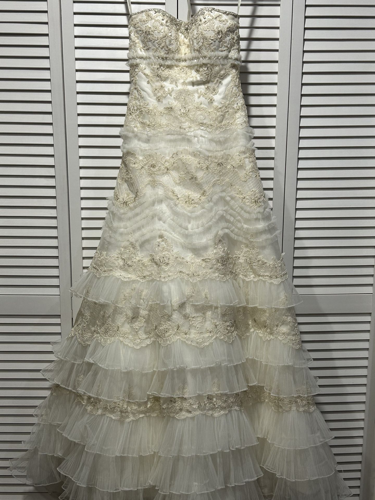 Oleg Cassini David’s Bridal Strapless Ivory/Champagne Wedding Gown