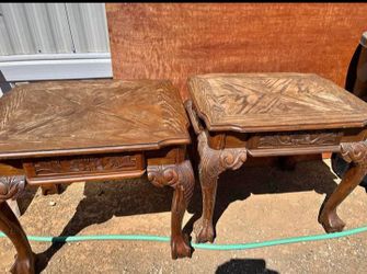 Two beautiful Vintage Carved Oak Ball & Claw Parquetry Inlaid Side Tables / Traditional Style Occasional Tables