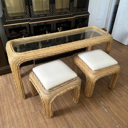 1970s Crespi Style Organic Modern Pencil Bamboo Console Table with 2 Ottomans
