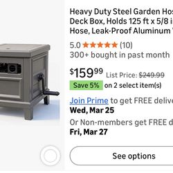 Heavy Duty Steel Garden Hose Reel Deck Box, Holds 125 ft x 5/8 inch Hose, Leak-Proof Aluminum Water System, Manual Crank with Hose Guide, 4-Leg 200LBS