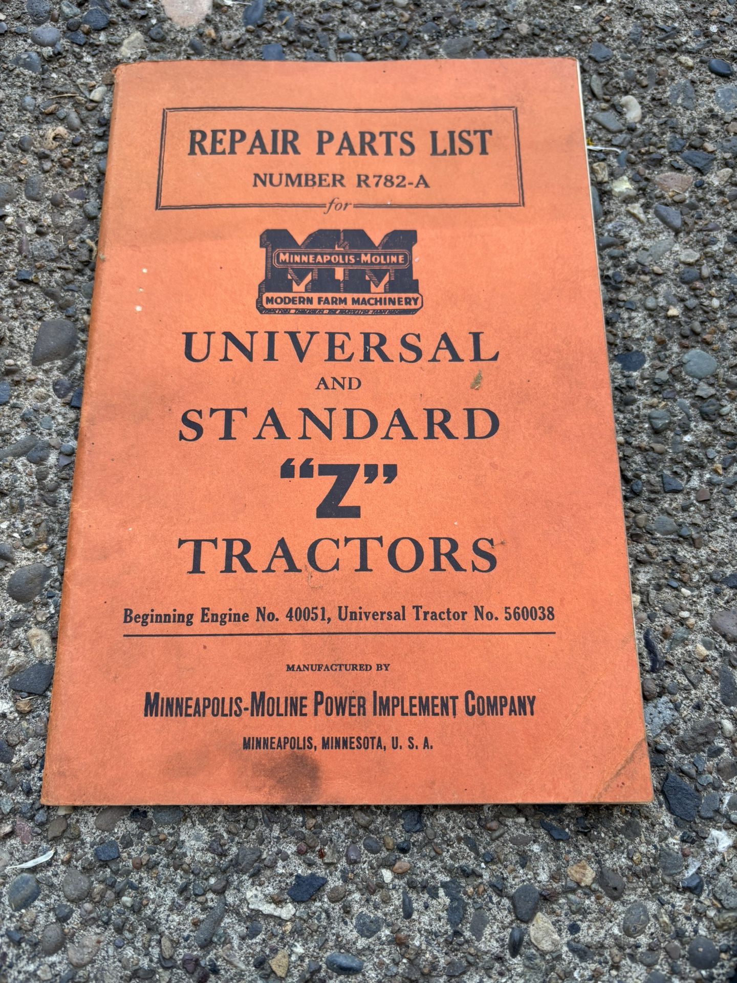 Minneapolis Moline Repair Parts List R782-A
