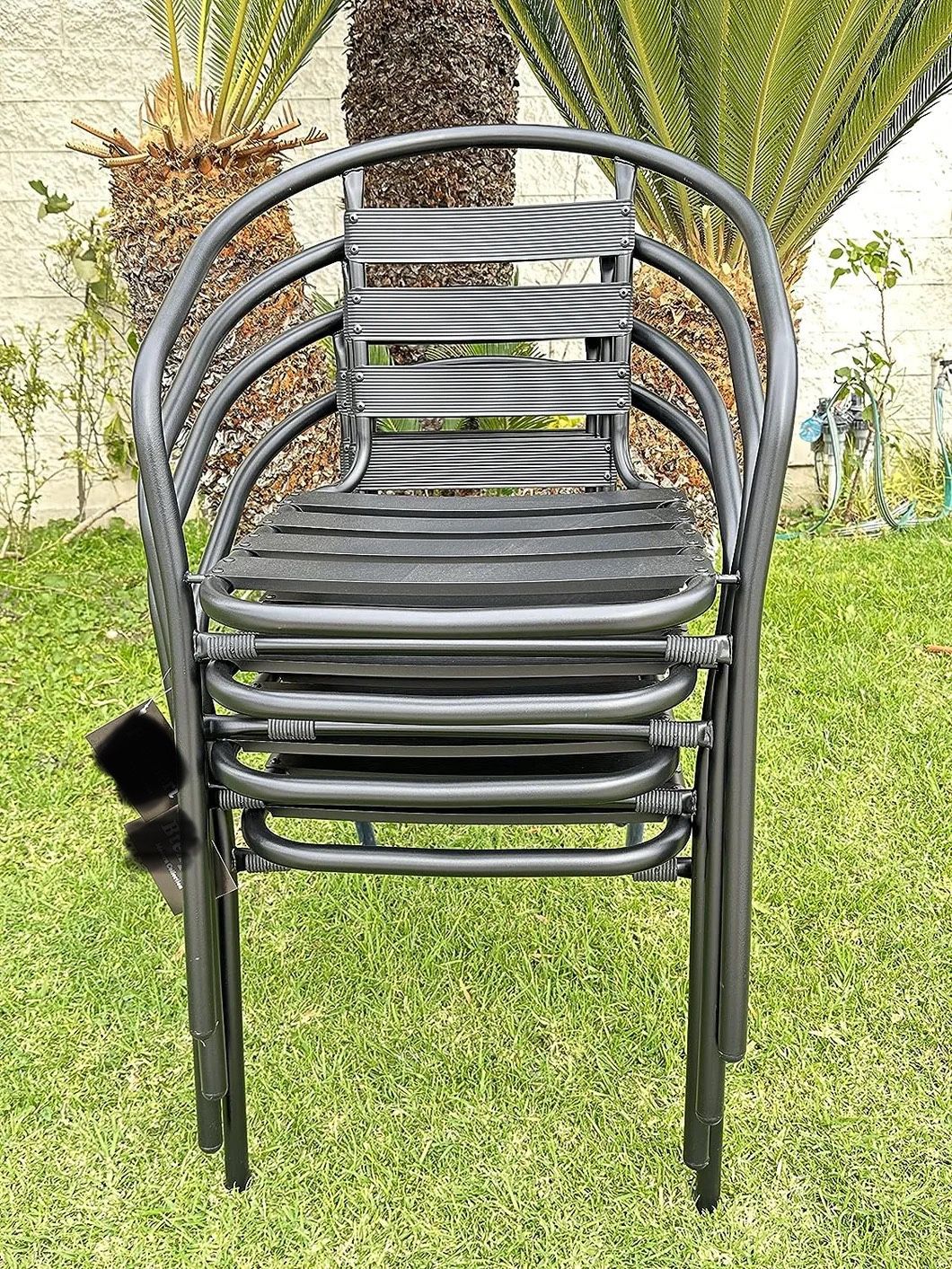 SET OF 4 black metal slat back stackable chairs indoor outdoor patio restaurant bistro cafe porch
