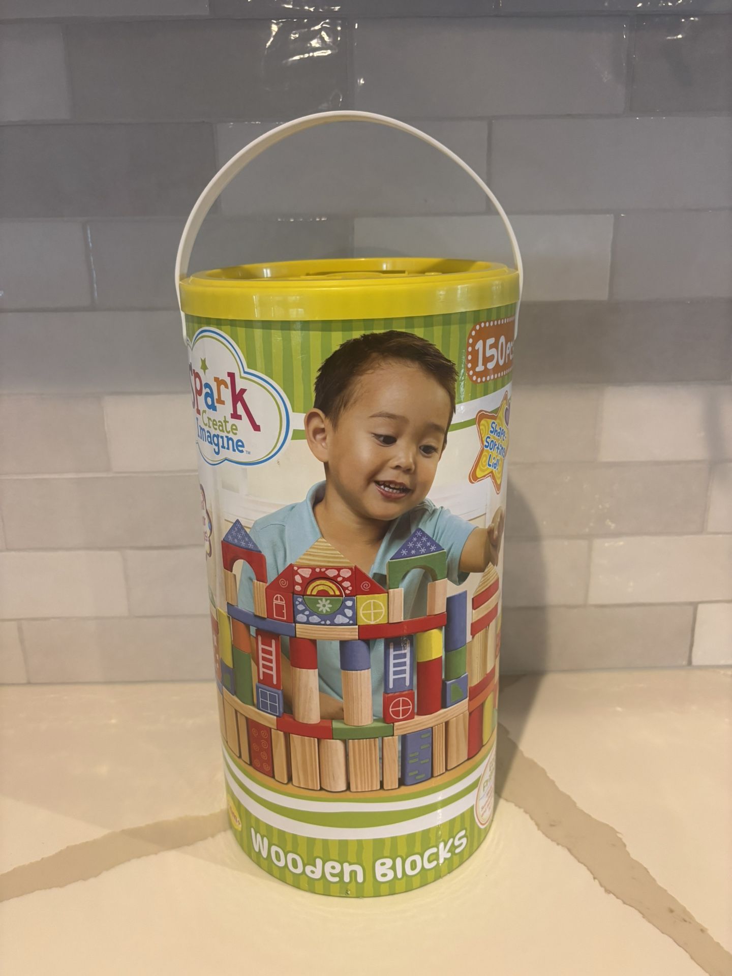 Kids Building Blocks, 150 Pcs Wooden Blocks - Includes Storage Bucket and Shape Sorter Lid - Montessori Wood Block Gifts For Babies and Kids
