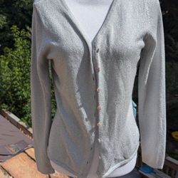 Vintage 90s Y2K Express Tricot Ladies Metallic Silver V-Neck Cardigan Sweater M
