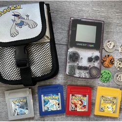 Nintendo Game Boy Color Clear Console GBC With 4 Pokemon Games Silver Red Blue