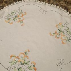 Vintage Hand Embroidered Round Linen Tablecloth 