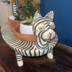 Striped Cat Wood Planter