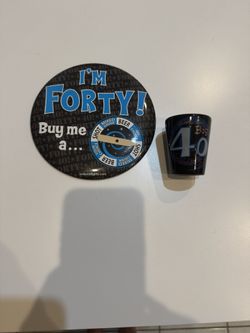 🎉 40th Birthday Party Set – Large Novelty Spinner Button + Shot Glass 🎉