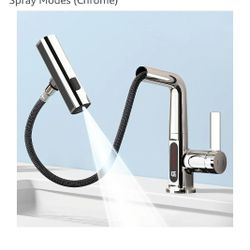 Bathroom Sink Faucet 1 Hole with Temperature Display, Single Hole Rotatable Bathroom Faucet with Pull Out Sprayer, Modern Pull Down Faucet with 360°Sw