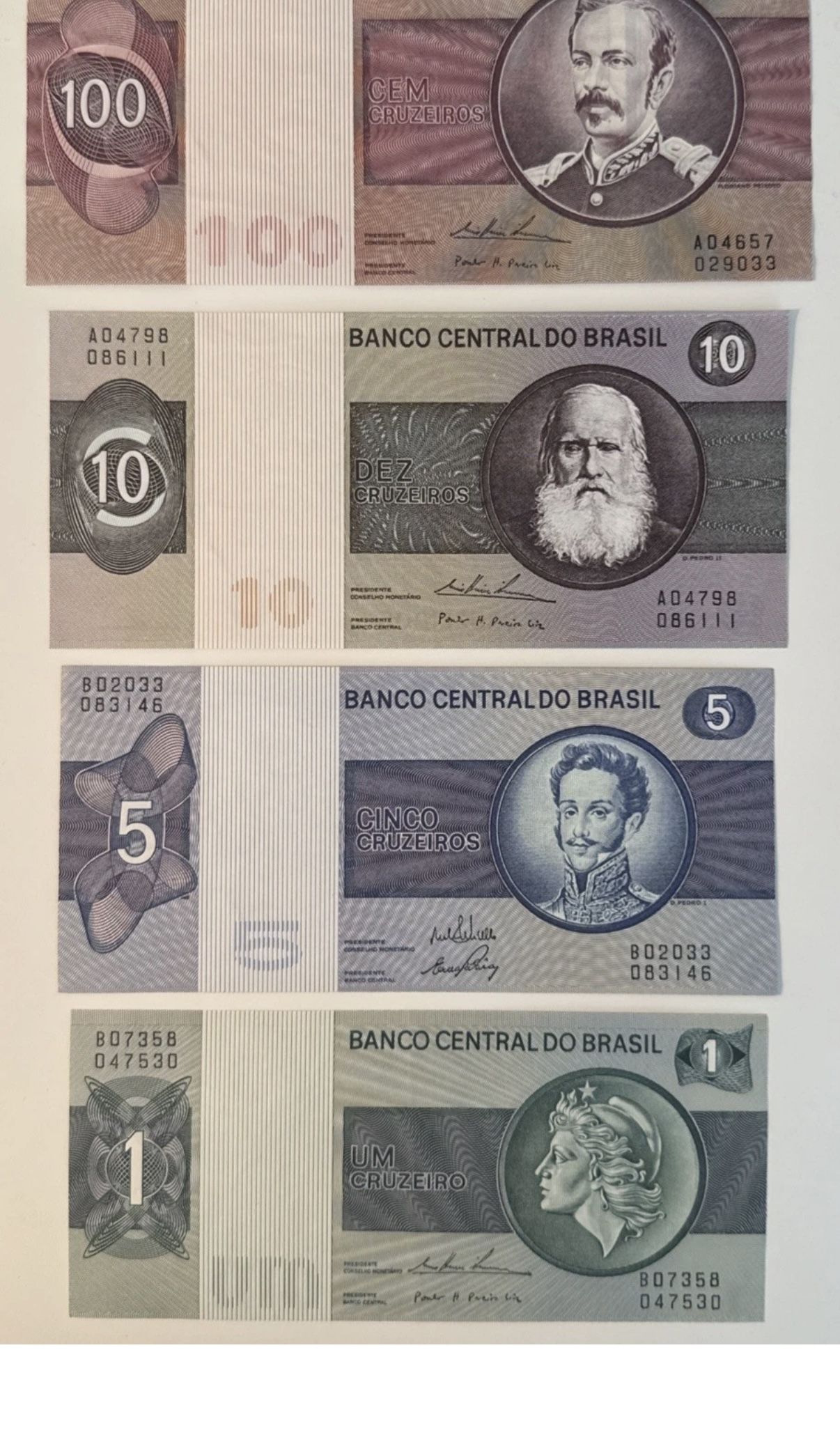 Brazil 1 5 10 100 Cruzeiros 1973–1979 Uncirculated Banknotes Set
