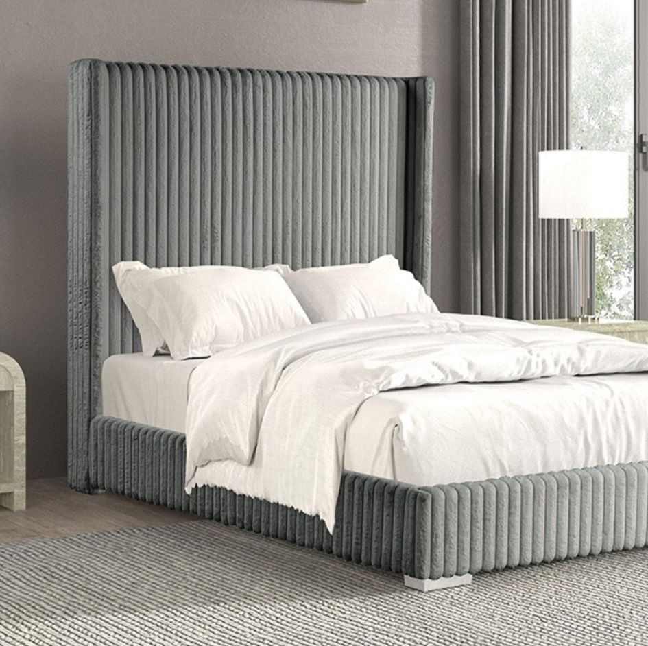Grey Corduroy Bed Frame With Chrome Legs No Box Spring Needed Brand New In Box Firm Price Twin $399 Full $449 Queen $459 Eking $499