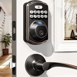 Veise Fingerprint Door Lock with 2 Lever Handles - Keyless Entry Door Lock, Electronic Keypad Deadbolt, Digital Smart Code & Front Handle Sets, Auto-L