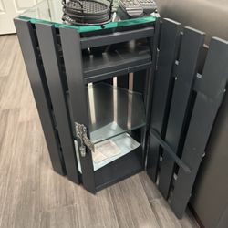 Modern Black Hexagon Side Table w/ Glass Top & Hidden Storage