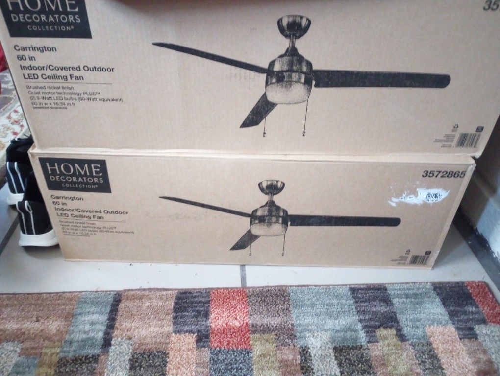 Two New Carrington Indoor/Outdoor Brushed Nickel led Ceiling Fan 60in.