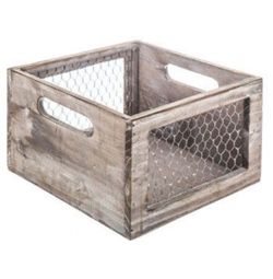 Rustic Farmhouse Beige Grey Wood Crate with Chicken Wire Mesh Sides and Handles
