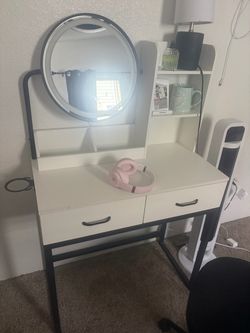 White Makeup Vanity with LED Light-Up Mirror & Storage